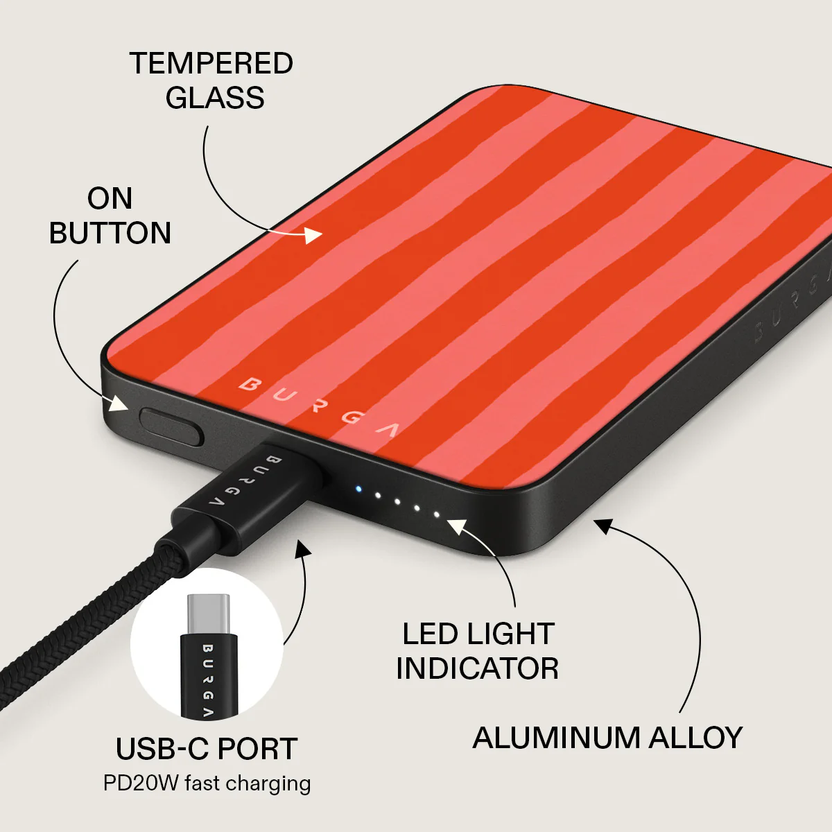 BURGA 5000 mAh vékony MagSafe-kompatibilis powerbank - Pomegranate
