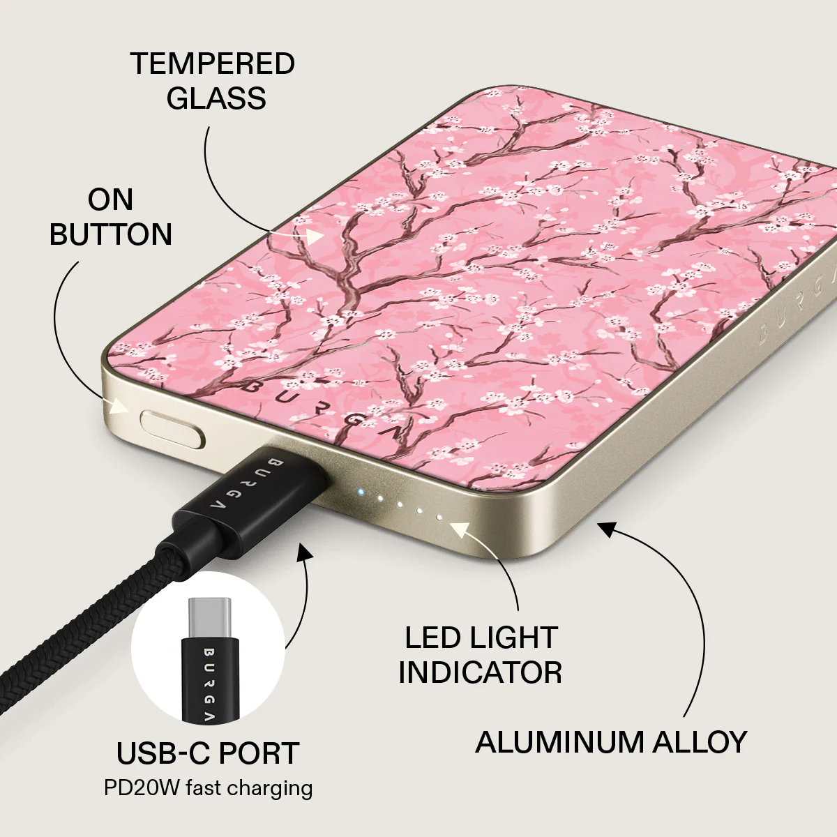 BURGA 5000 mAh vékony MagSafe-kompatibilis powerbank - sakura