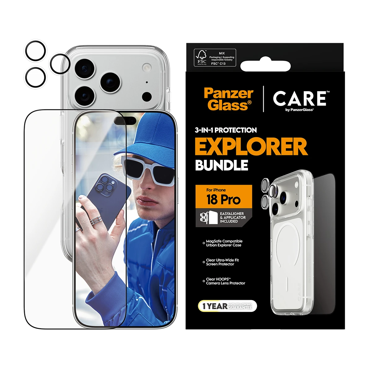 CARE by PanzerGlass Flagship iPhone 18 Pro 3 az 1-ben tok, fólia és kameralencse-védő