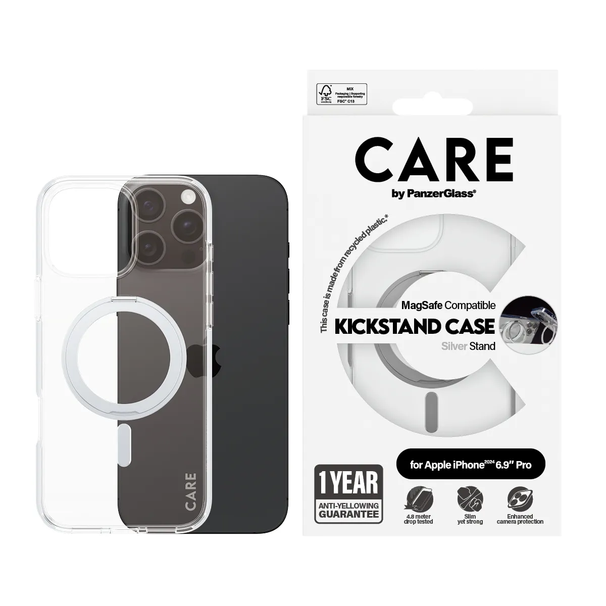 CARE by PanzerGlass MagSafe-kompatibilis iPhone 16 Pro Max tok ezüst kihajható tartóval