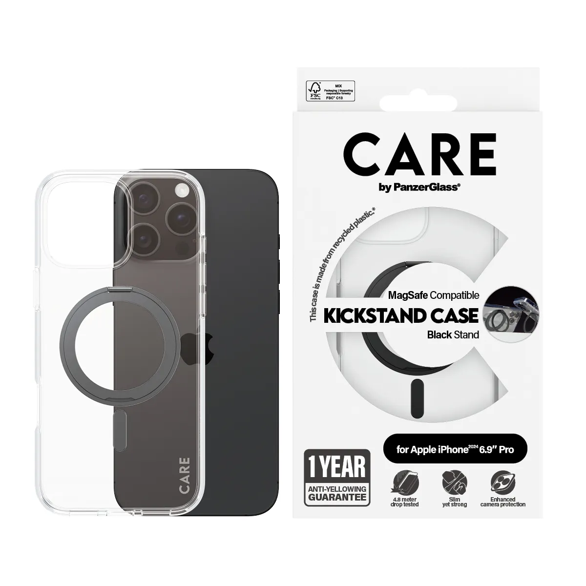 CARE by PanzerGlass MagSafe-kompatibilis iPhone 16 Pro Max tok fekete kihajható tartóval