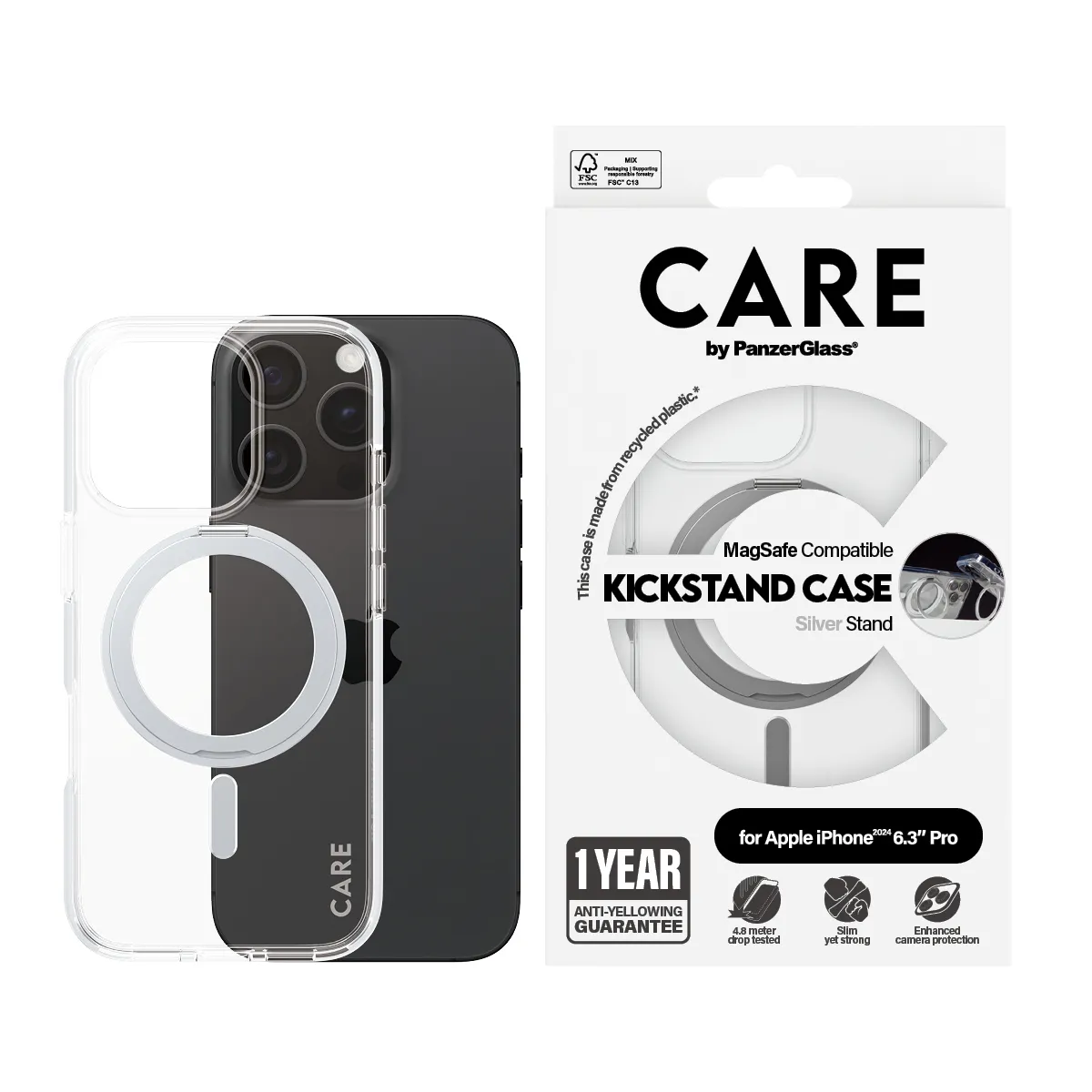 CARE by PanzerGlass MagSafe-kompatibilis iPhone 16 Pro tok ezüst kihajható tartóval