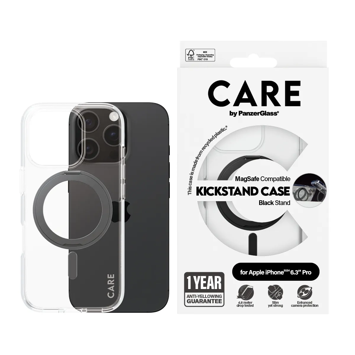 CARE by PanzerGlass MagSafe-kompatibilis iPhone 16 Pro tok fekete kihajható tartóval