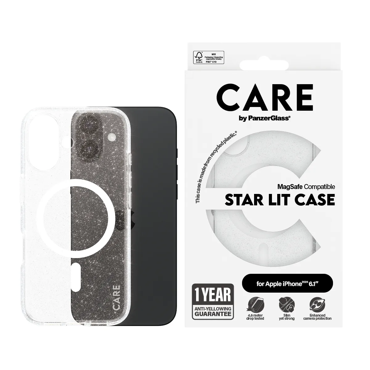 CARE by PanzerGlass MagSafe-kompatibilis iPhone 16 tok - csillogós átlátszó