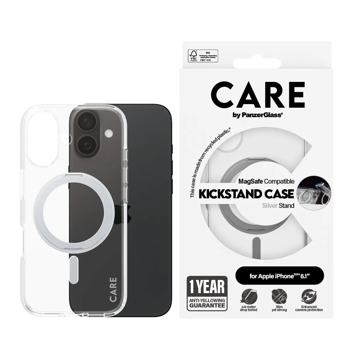 CARE by PanzerGlass MagSafe-kompatibilis iPhone 16 tok ezüst kihajható tartóval