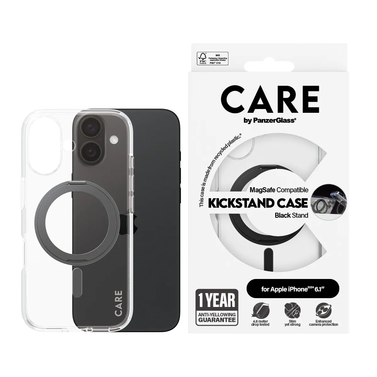 CARE by PanzerGlass MagSafe-kompatibilis iPhone 16 tok fekete kihajható tartóval