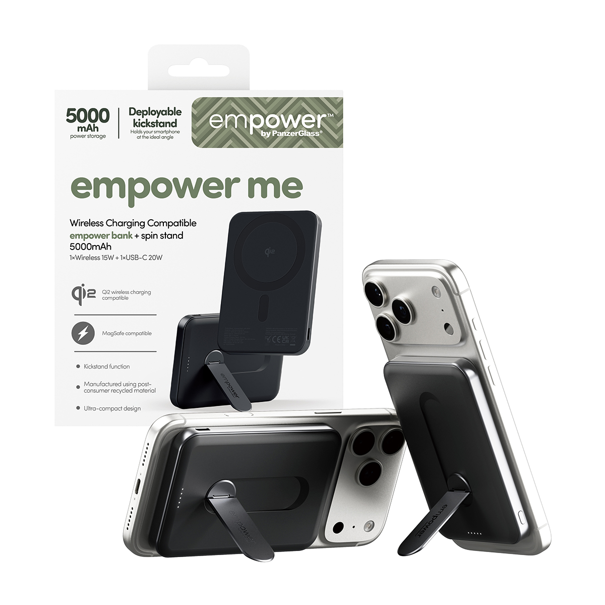 empower by PanzerGlass 5000mAh Powerbank kitámasztóval - asztrofekete