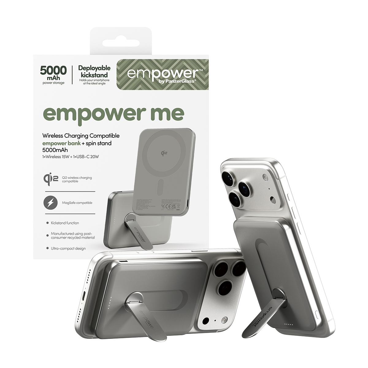 empower by PanzerGlass 5000mAh Powerbank kitámasztóval - titánium