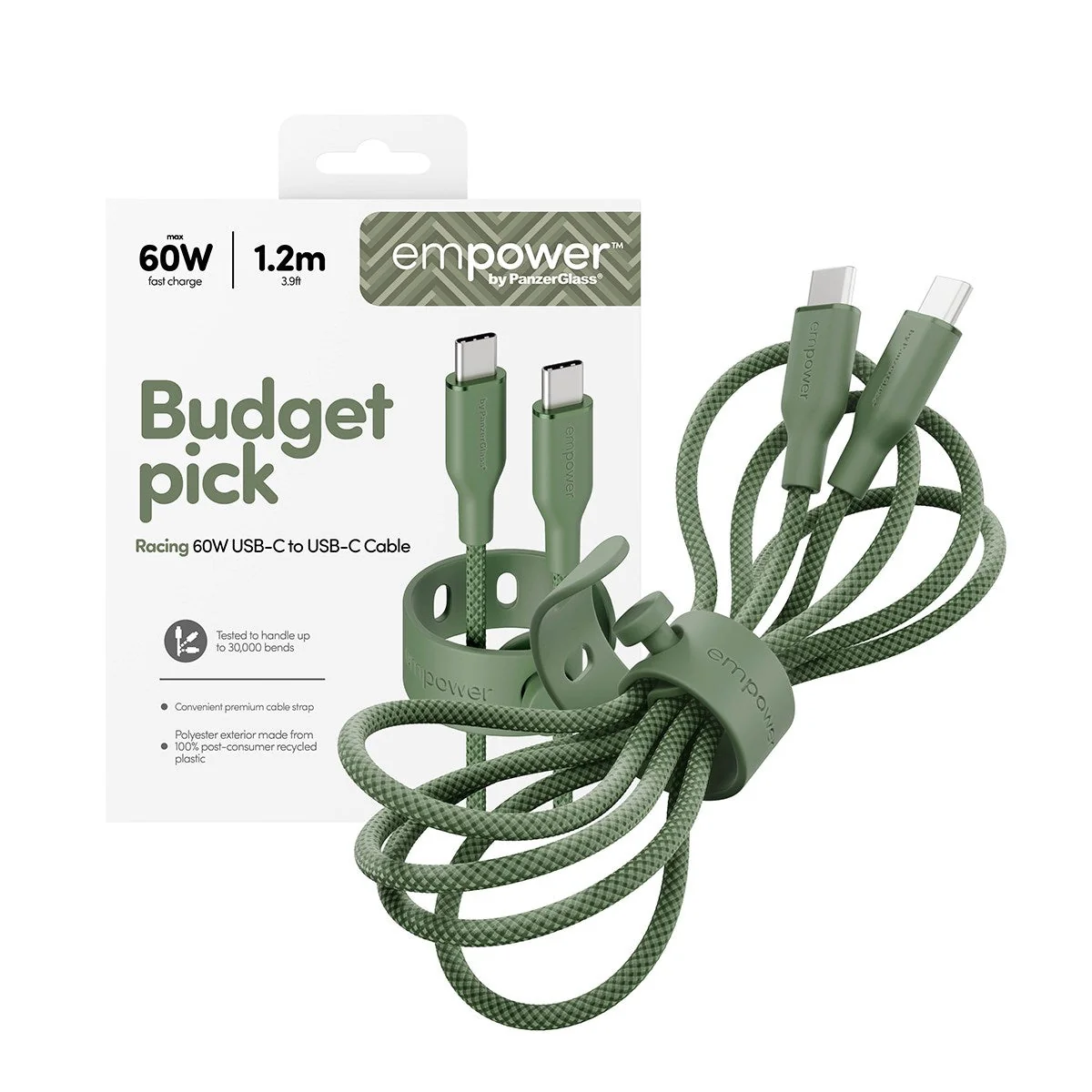 empower by PanzerGlass 60W USB-C 1.2m-es töltőkábel - zsályazöld
