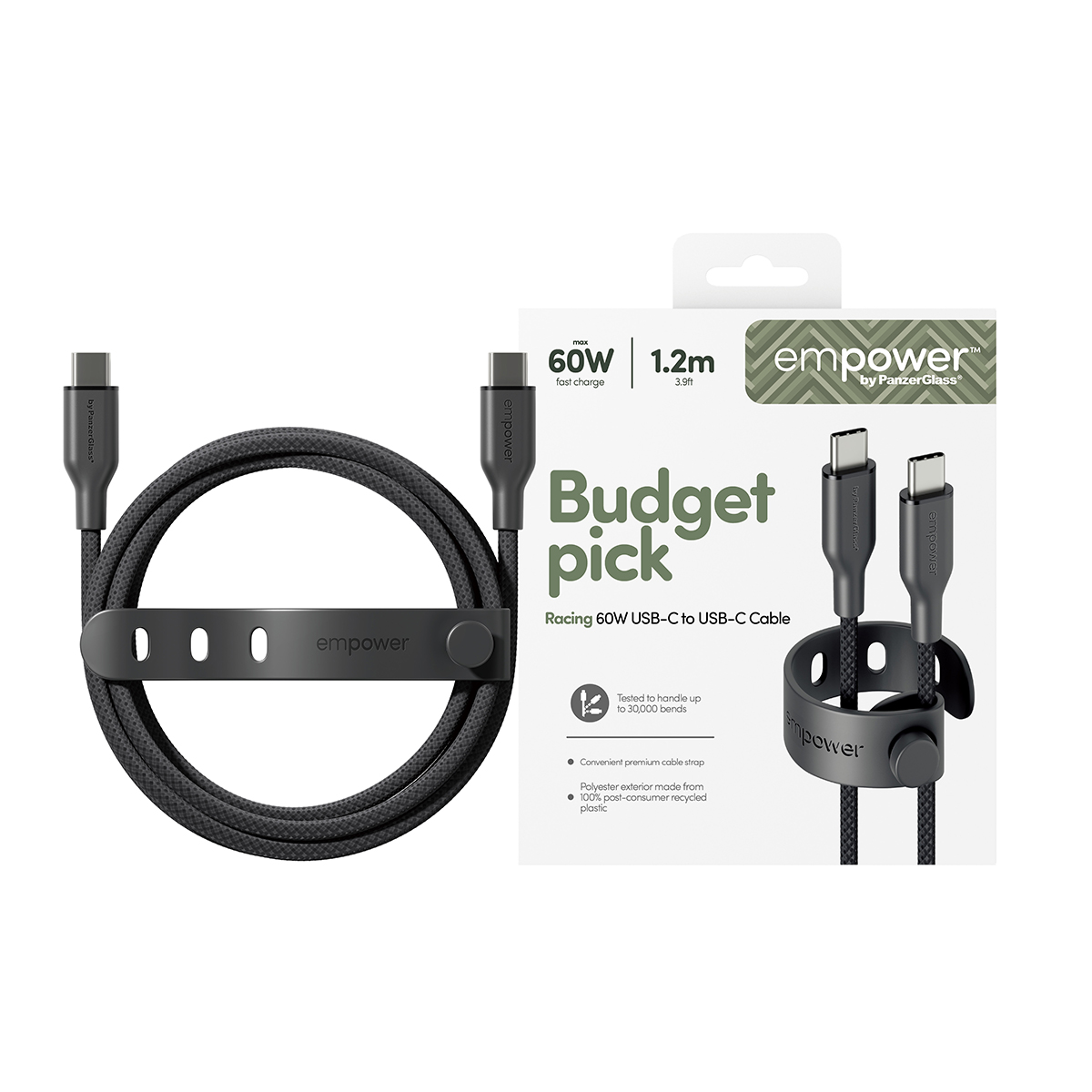 empower by PanzerGlass 60W USB-C 1.2m-es töltőkábel - asztrofekete