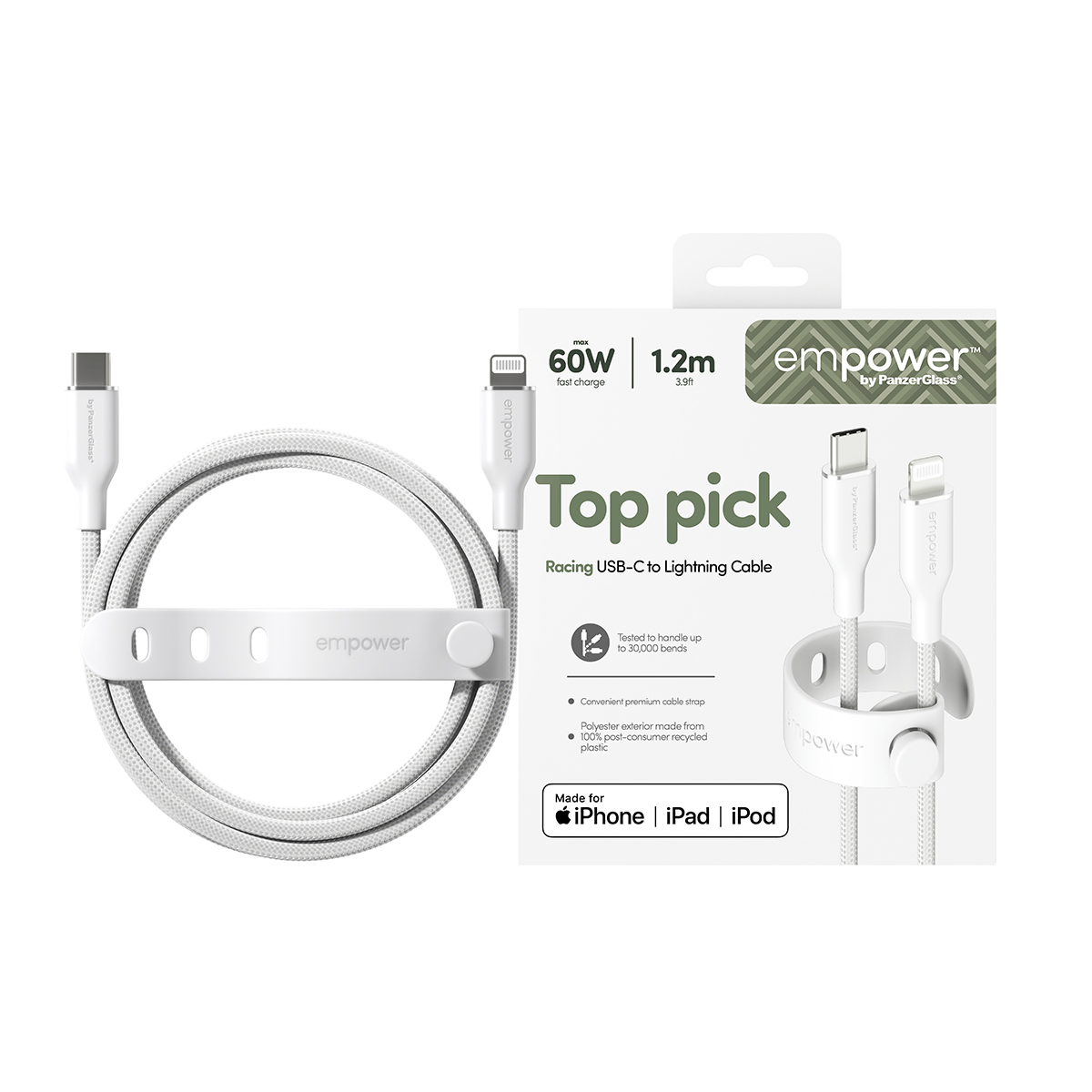 empower by PanzerGlass 60W USB-C 1.2m-es töltőkábel - ezüst fehér