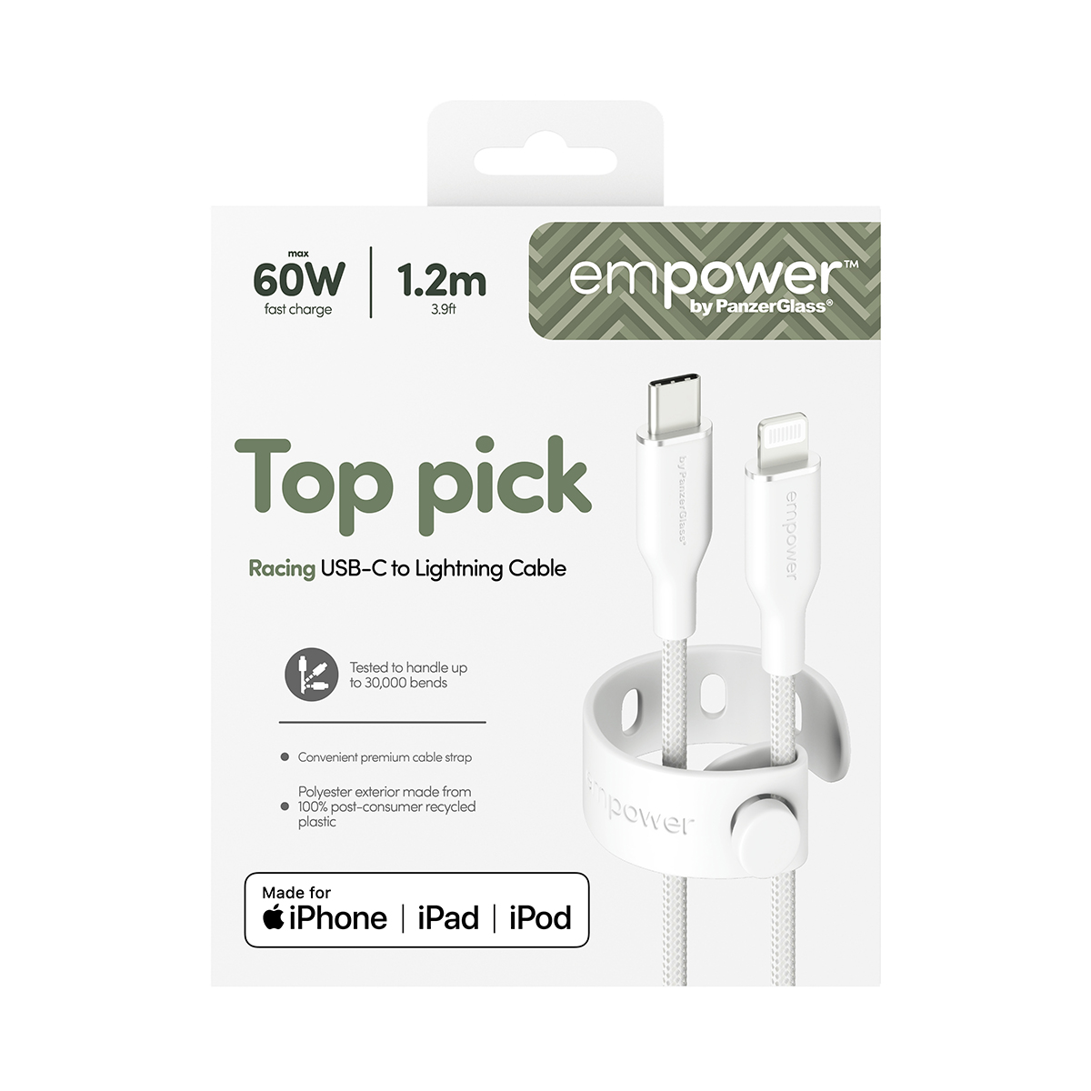empower by PanzerGlass 60W USB-C 1.2m-es töltőkábel - ezüst fehér