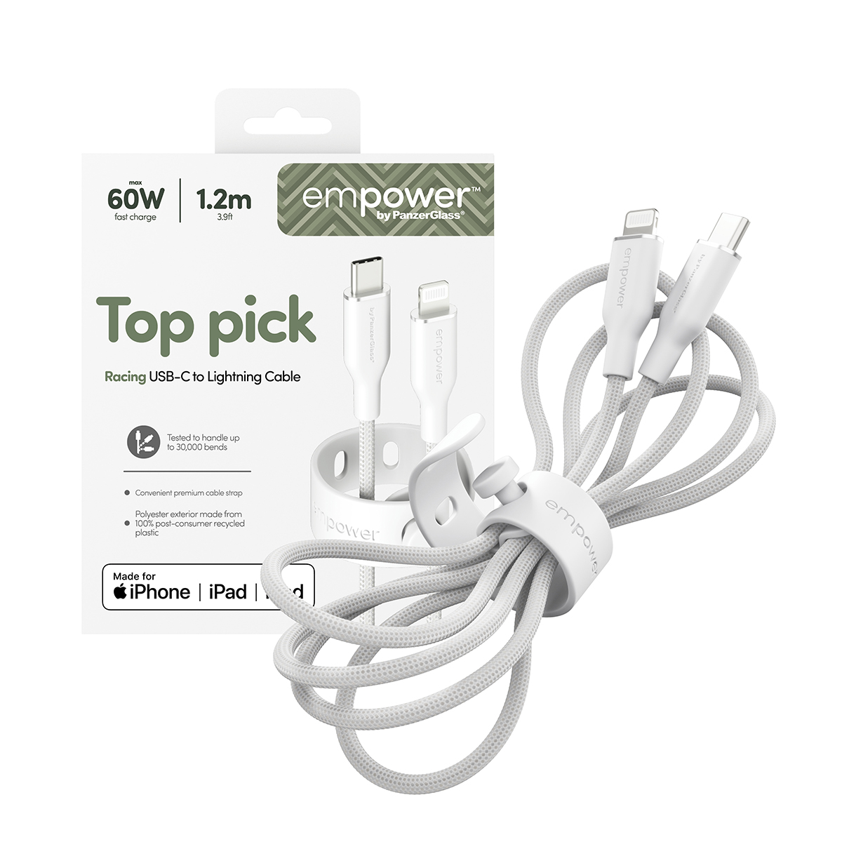empower by PanzerGlass 60W USB-C 1.2m-es töltőkábel - ezüst fehér
