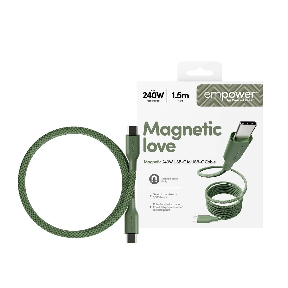 empower by PanzerGlass mágneses 240W USB-C 1.5m-es töltőkábel - zsályazöld