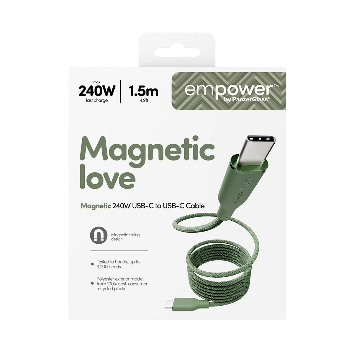empower by PanzerGlass mágneses 240W USB-C 1.5m-es töltőkábel - zsályazöld