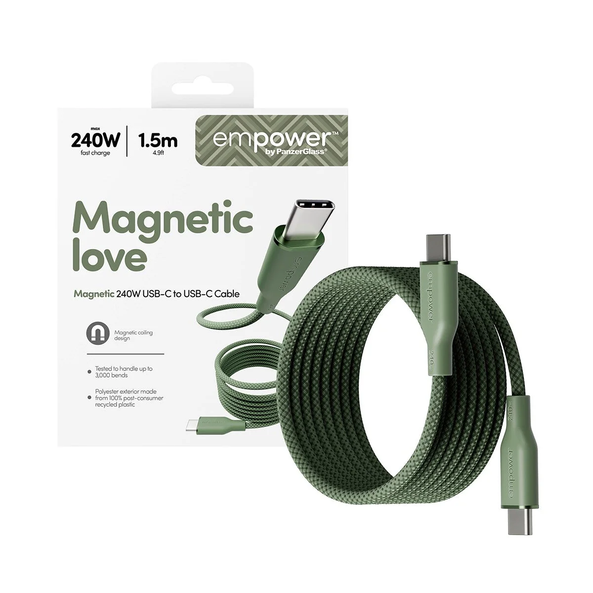 empower by PanzerGlass mágneses 240W USB-C 1.5m-es töltőkábel - zsályazöld