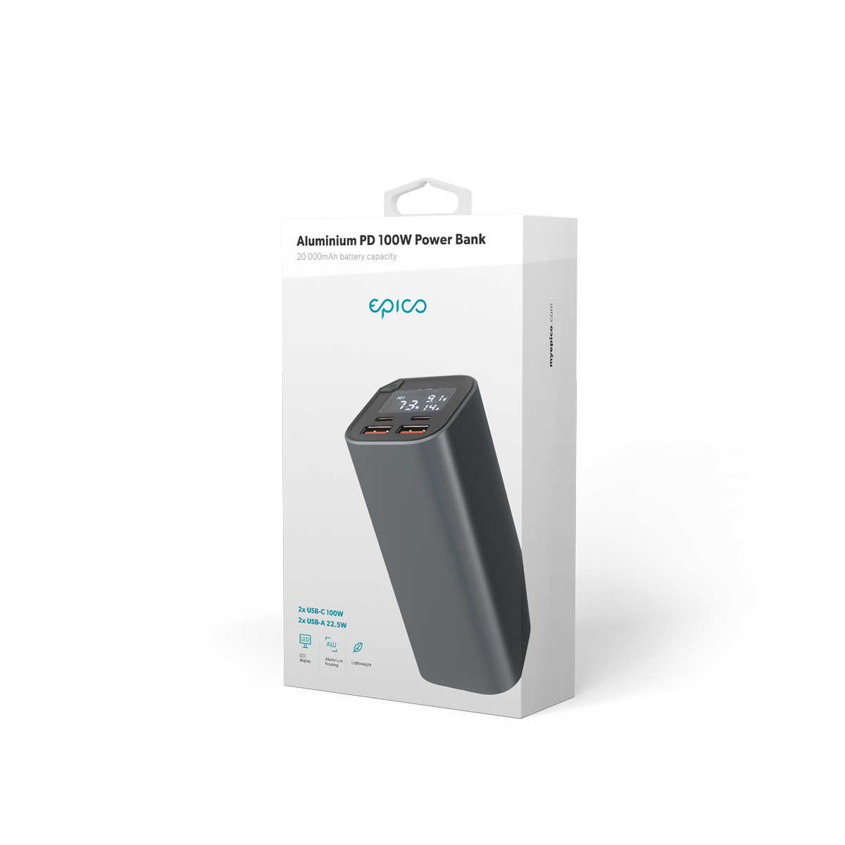 epico aluminium 20 000mAh PD 100W powerbank - sötétszürke