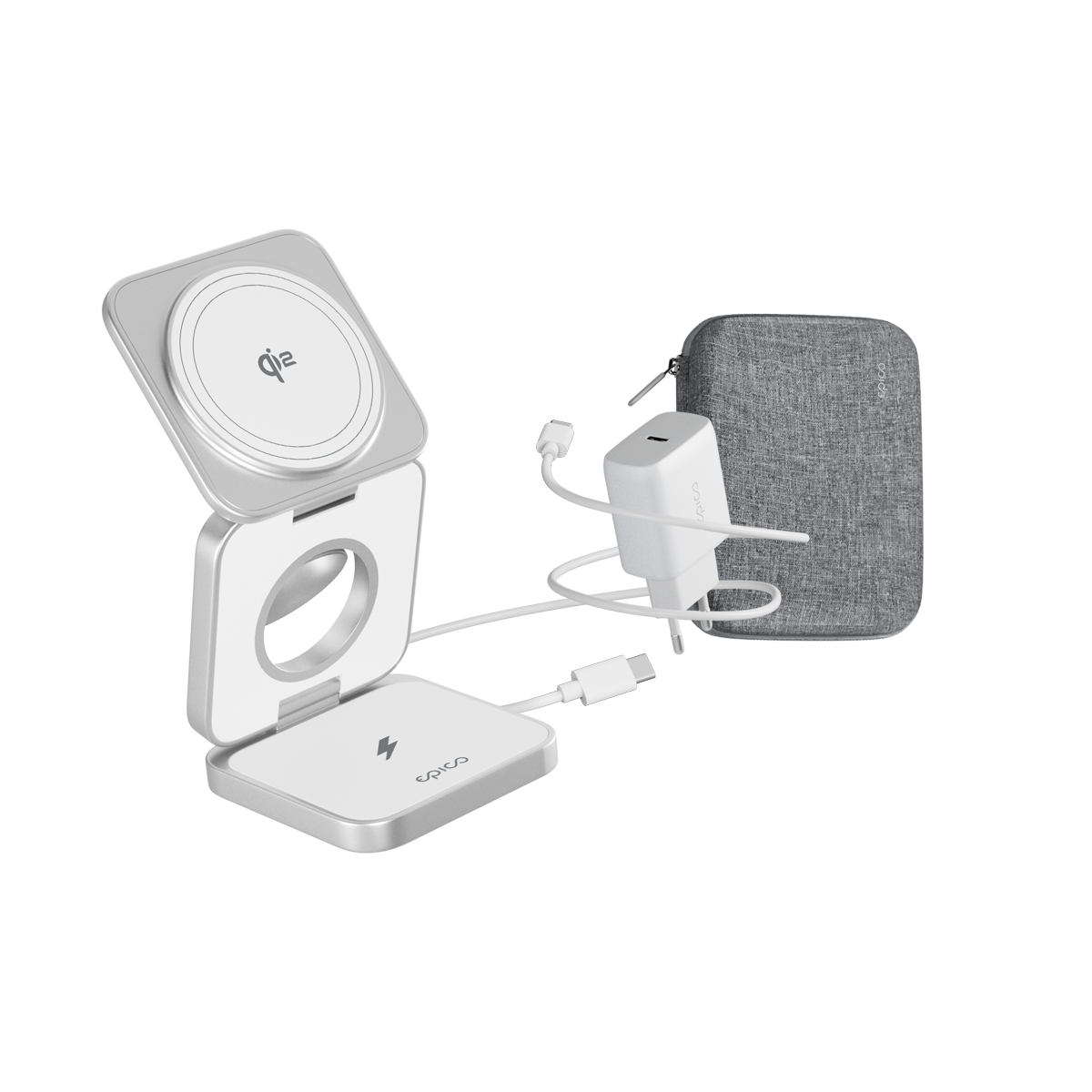 epico UltraBase Alu Mag+ Qi2 kompatibilis 3in1 összecsukható vezeték nélküli töltő – fehér 