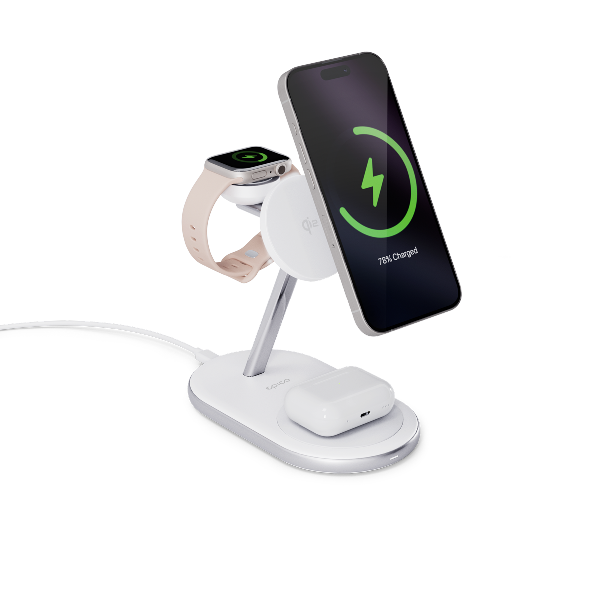 epico Ultrabase EX60 Qi2 3in1 MagSafe vezeték nélküli töltő fali adapterrel és USB-C kábellel - fehér