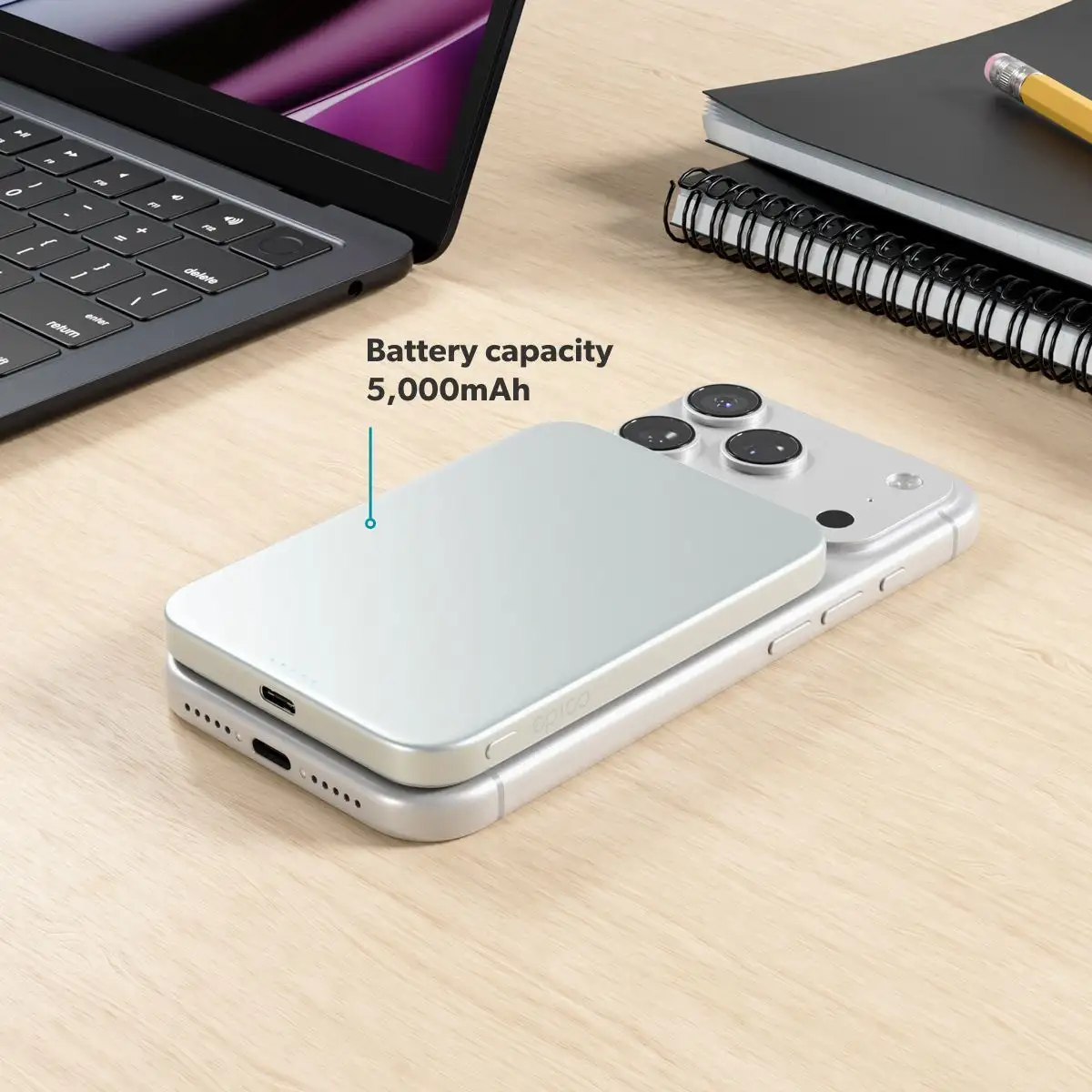 epico UltraPack Qi2 Slim alumínium MagSafe powerbank 5000 mAh - ezüst