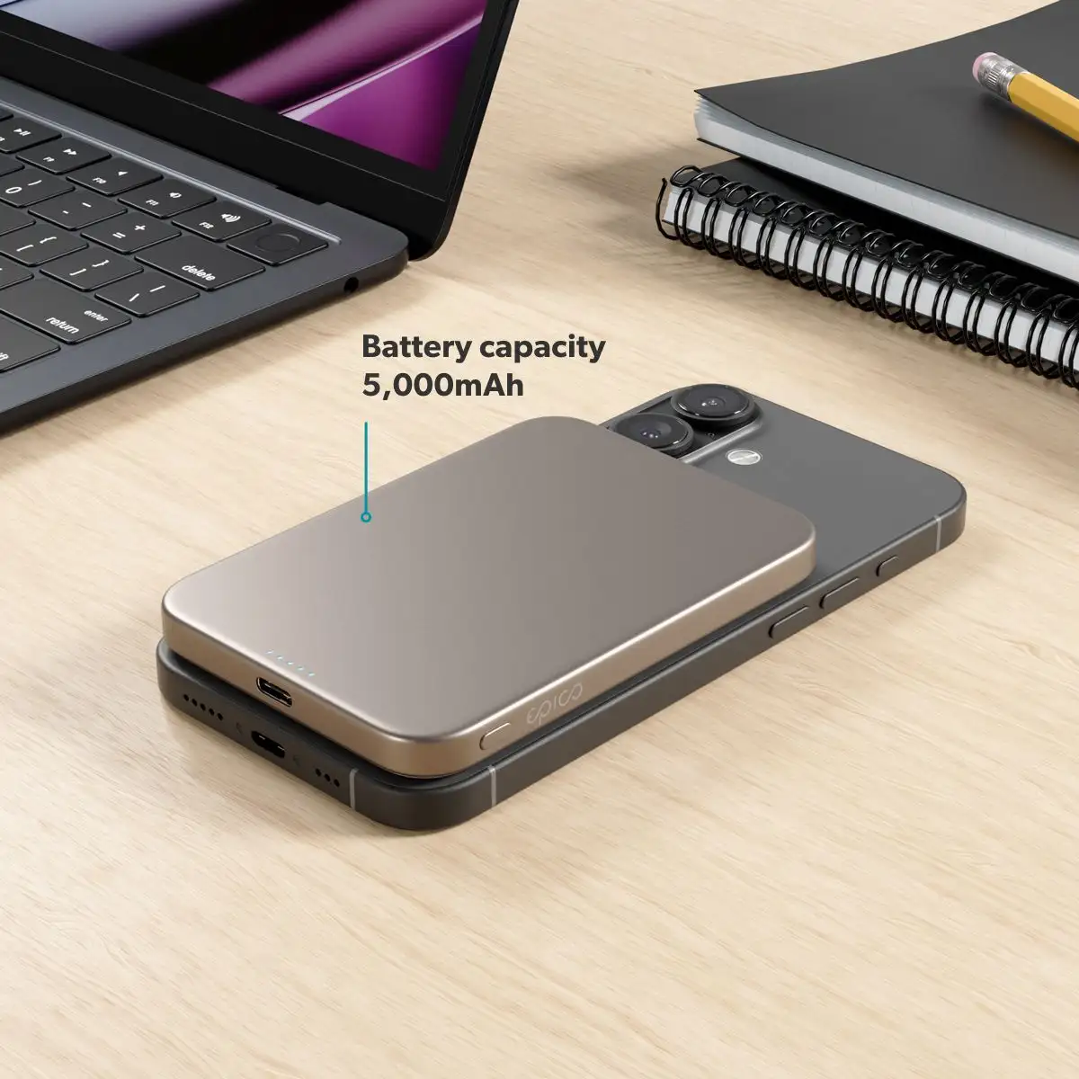 epico UltraPack Qi2 Slim alumínium MagSafe powerbank 5000 mAh - sivatagi titán