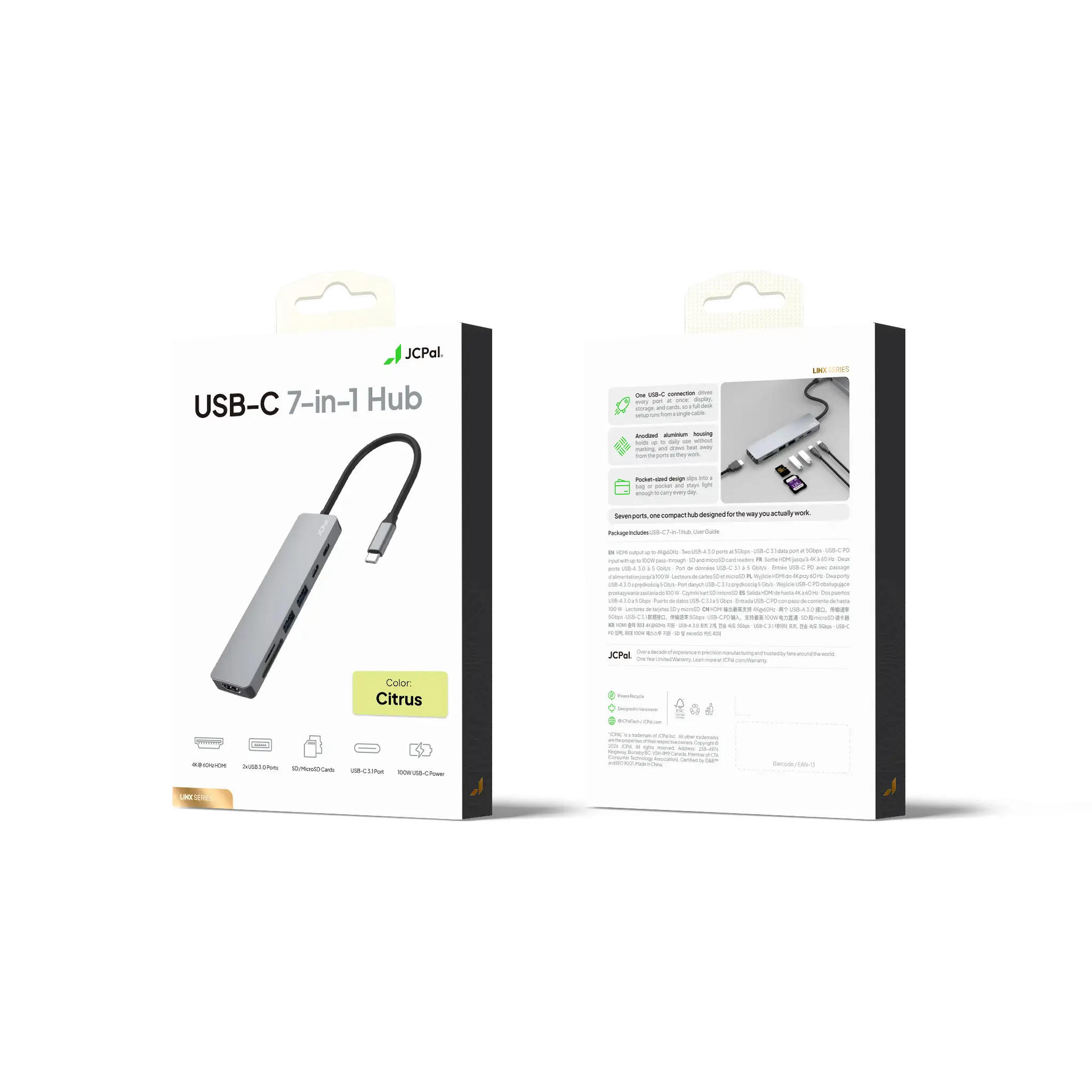 JCPal Linx USB-C 7in1 Hub (2xUSB3.0, USB C3.1, HDMI/60Hz, SD/TF3.0, PD100W) - citrus