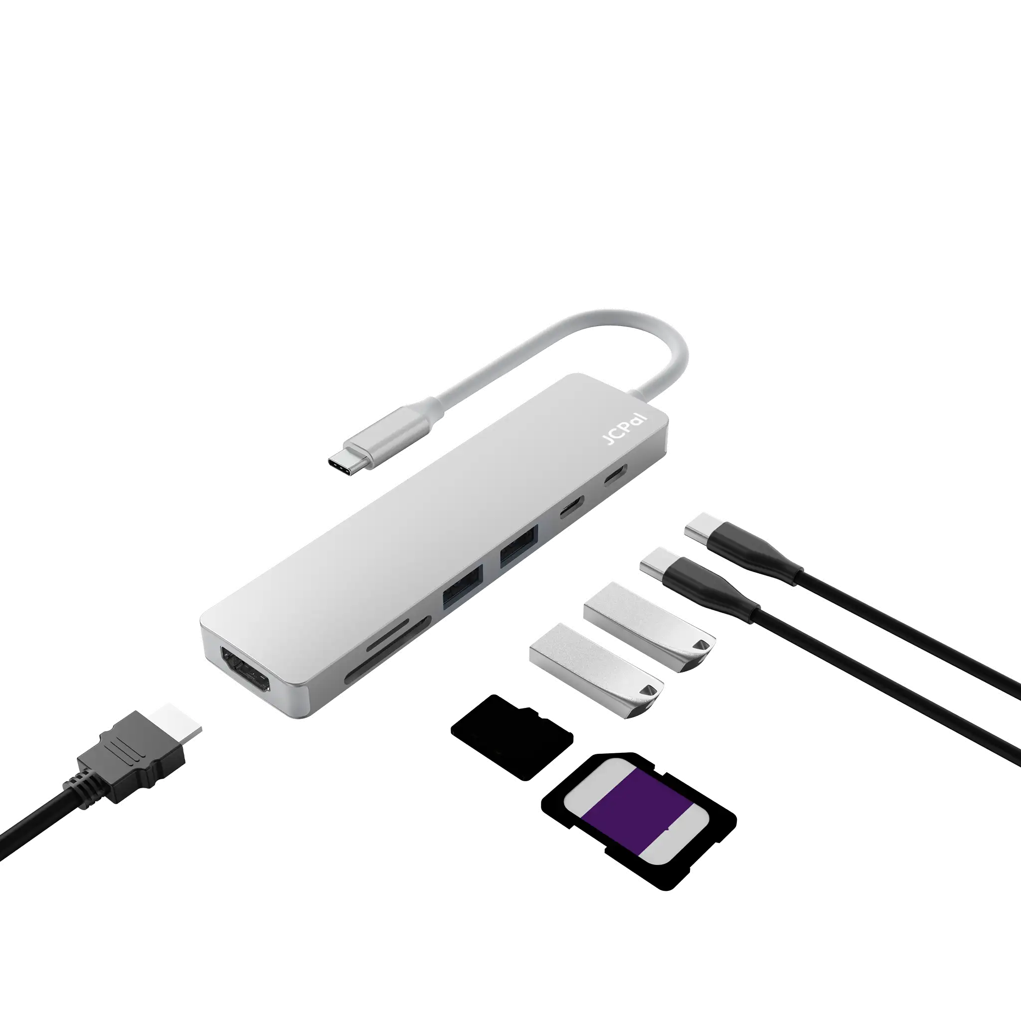 JCPal Linx USB-C 7in1 Hub (2xUSB3.0, USB C3.1, HDMI/60Hz, SD/TF3.0, PD100W) -ezüst