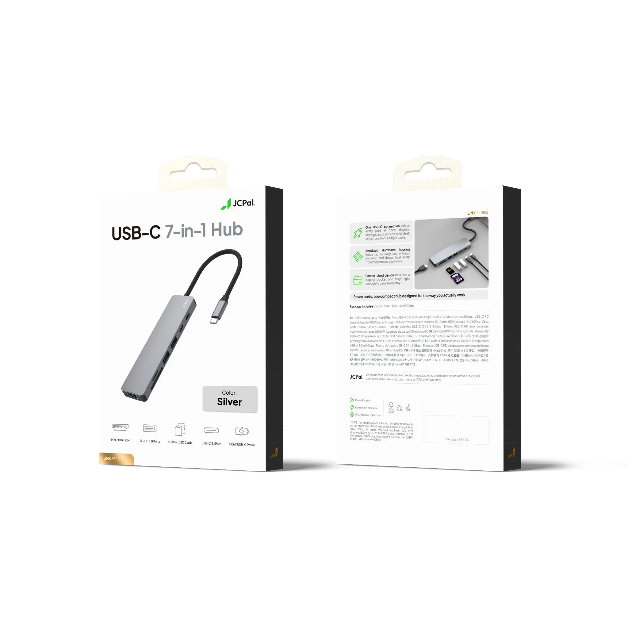JCPal Linx USB-C 7in1 Hub (2xUSB3.0, USB C3.1, HDMI/60Hz, SD/TF3.0, PD100W) -ezüst