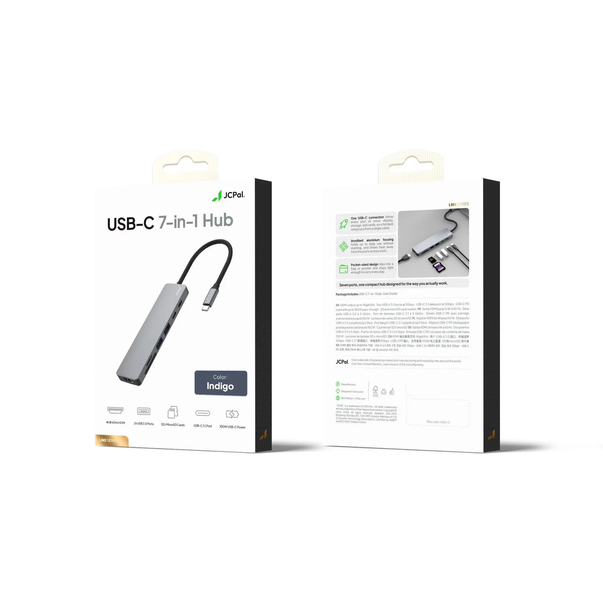 JCPal Linx USB-C 7in1 Hub (2xUSB3.0, USB C3.1, HDMI/60Hz, SD/TF3.0, PD100W) - indigo