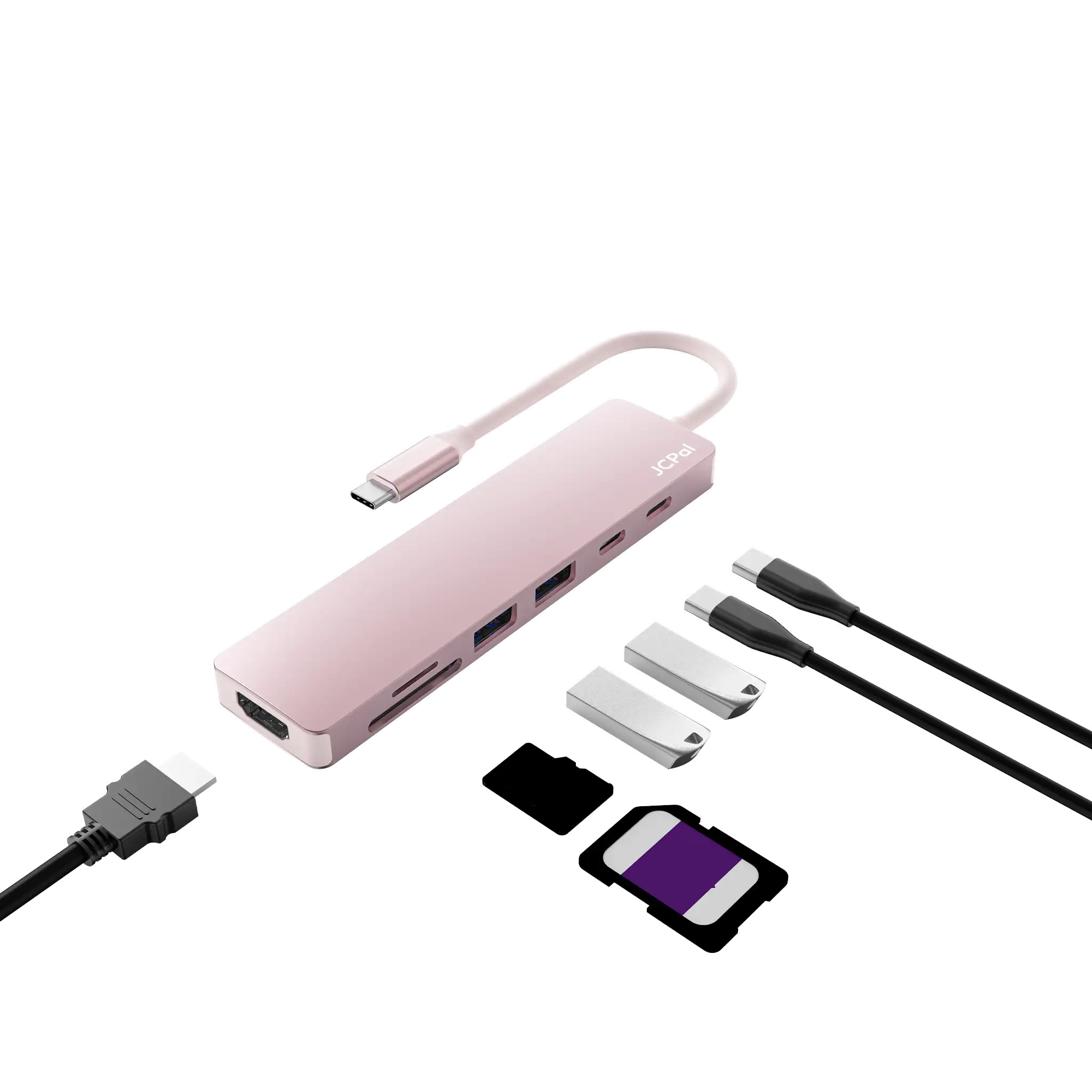 JCPal Linx USB-C 7in1 Hub (2xUSB3.0, USB C3.1, HDMI/60Hz, SD/TF3.0, PD100W) - rózsaszín