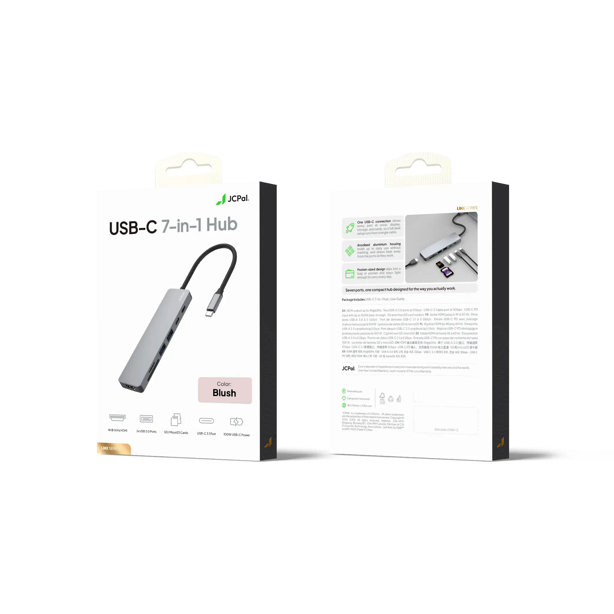 JCPal Linx USB-C 7in1 Hub (2xUSB3.0, USB C3.1, HDMI/60Hz, SD/TF3.0, PD100W) - rózsaszín
