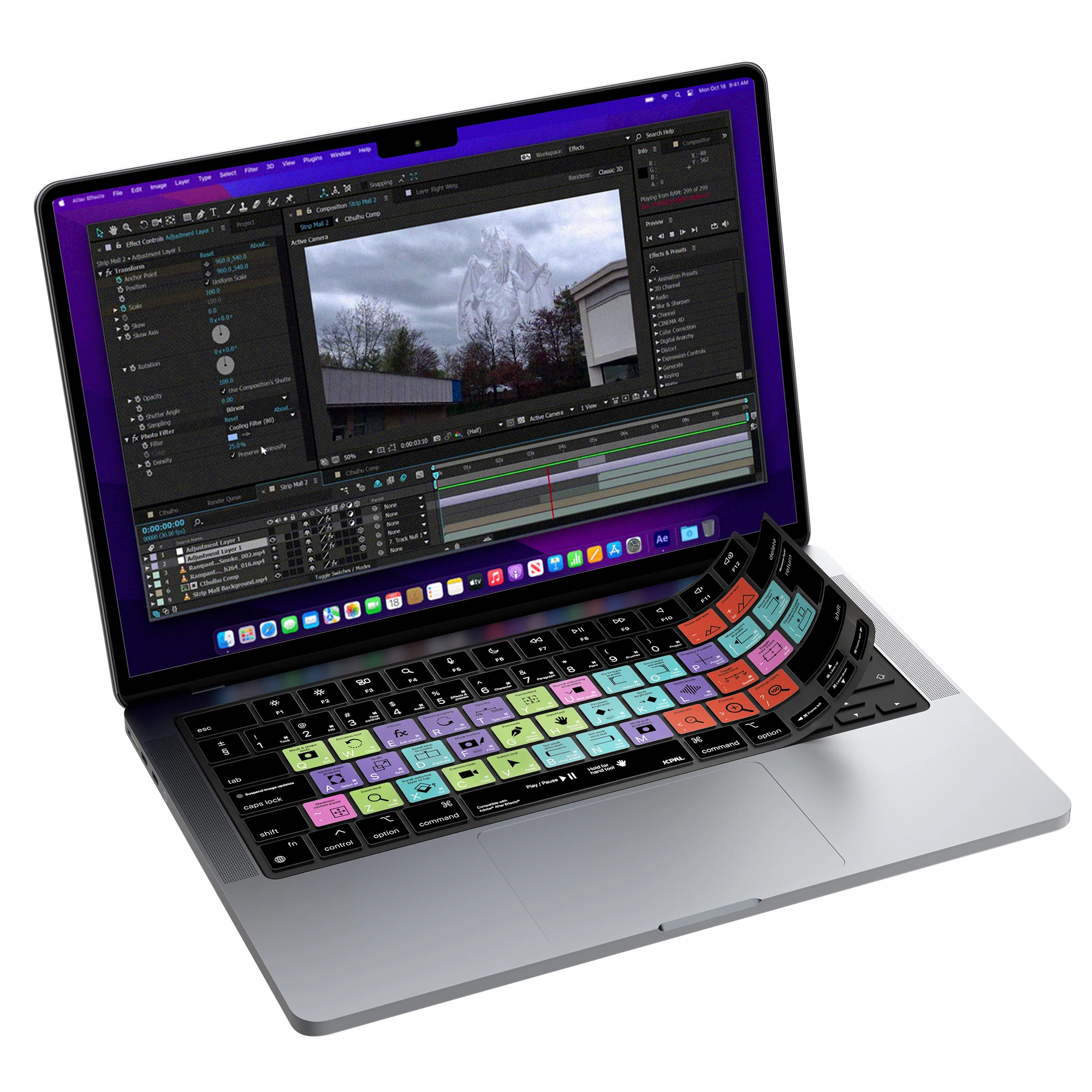 JCPal Verskin Adobe After Effects gyorsbillentyűs billentyűzetvédő - MacBook Air 13/15, Pro 14/16 (2021-2026) - nemzetközi angol kiosztás