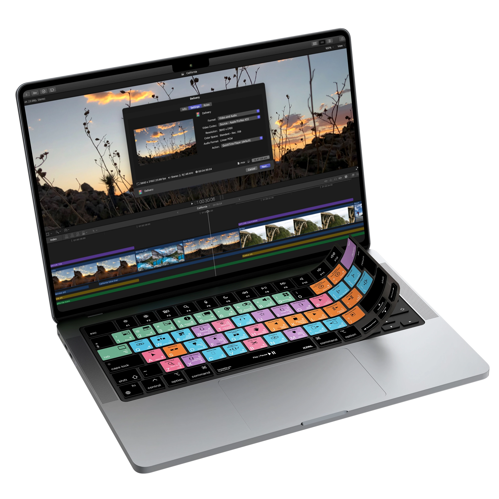 JCPal Verskin Final Cut Pro gyorsbillentyűs billentyűzetvédő - MacBook Air 13/15, Pro 14/16 (2021-2026) - nemzetközi angol kiosztás