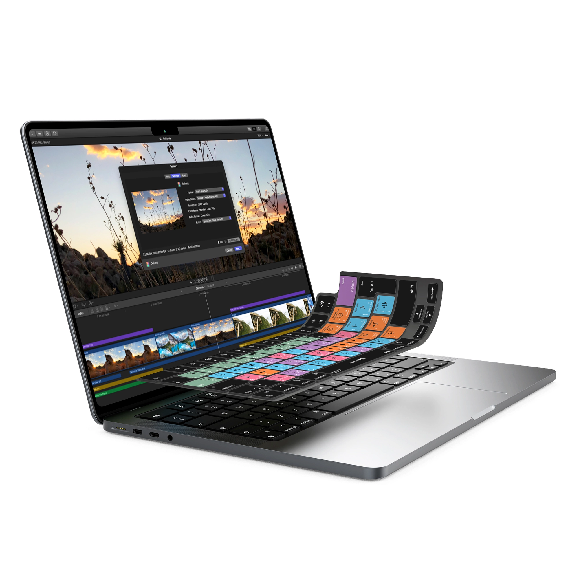 JCPal Verskin Final Cut Pro gyorsbillentyűs billentyűzetvédő - MacBook Air 13/15, Pro 14/16 (2021-2026) - nemzetközi angol kiosztás