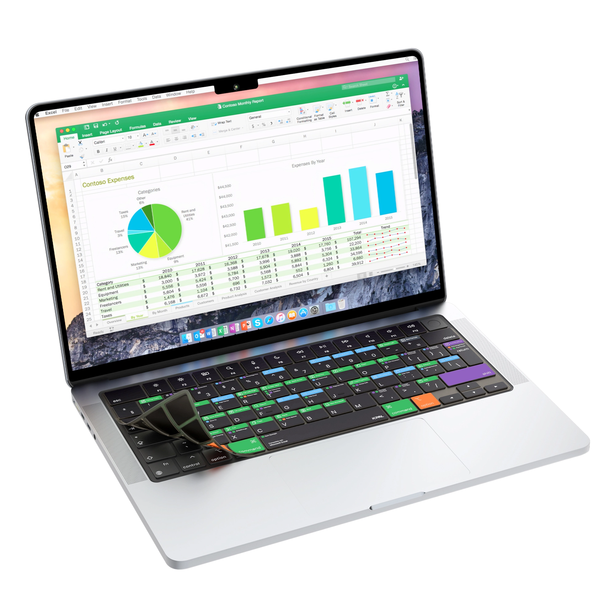 JCPal Verskin Microsoft Excel gyorsbillentyűs billentyűzetvédő - MacBook Air 13/15, Pro 14/16 (2021-2026) - nemzetközi angol kiosztás
