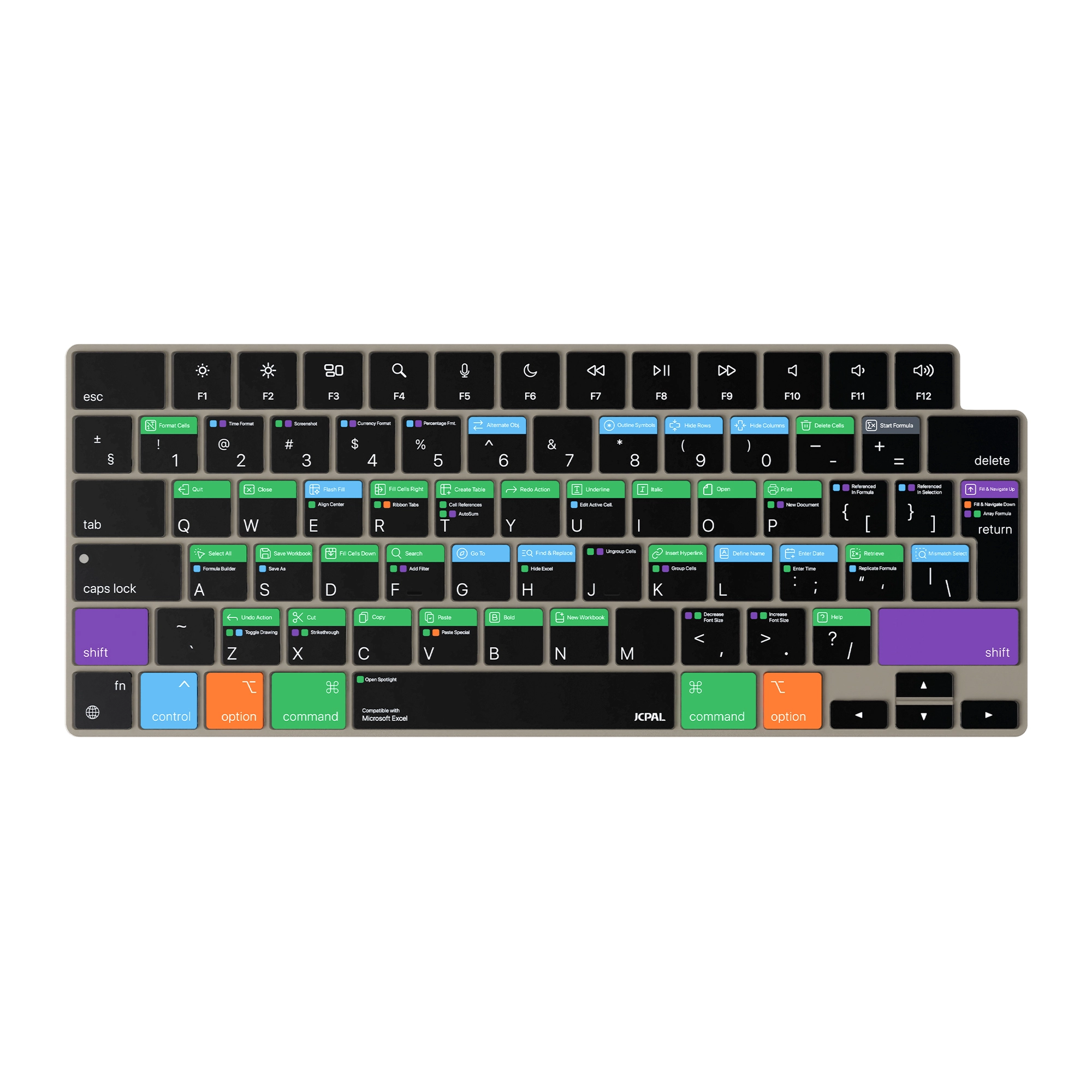 JCPal Verskin Microsoft Excel gyorsbillentyűs billentyűzetvédő - MacBook Air 13/15, Pro 14/16 (2021-2026) - nemzetközi angol kiosztás