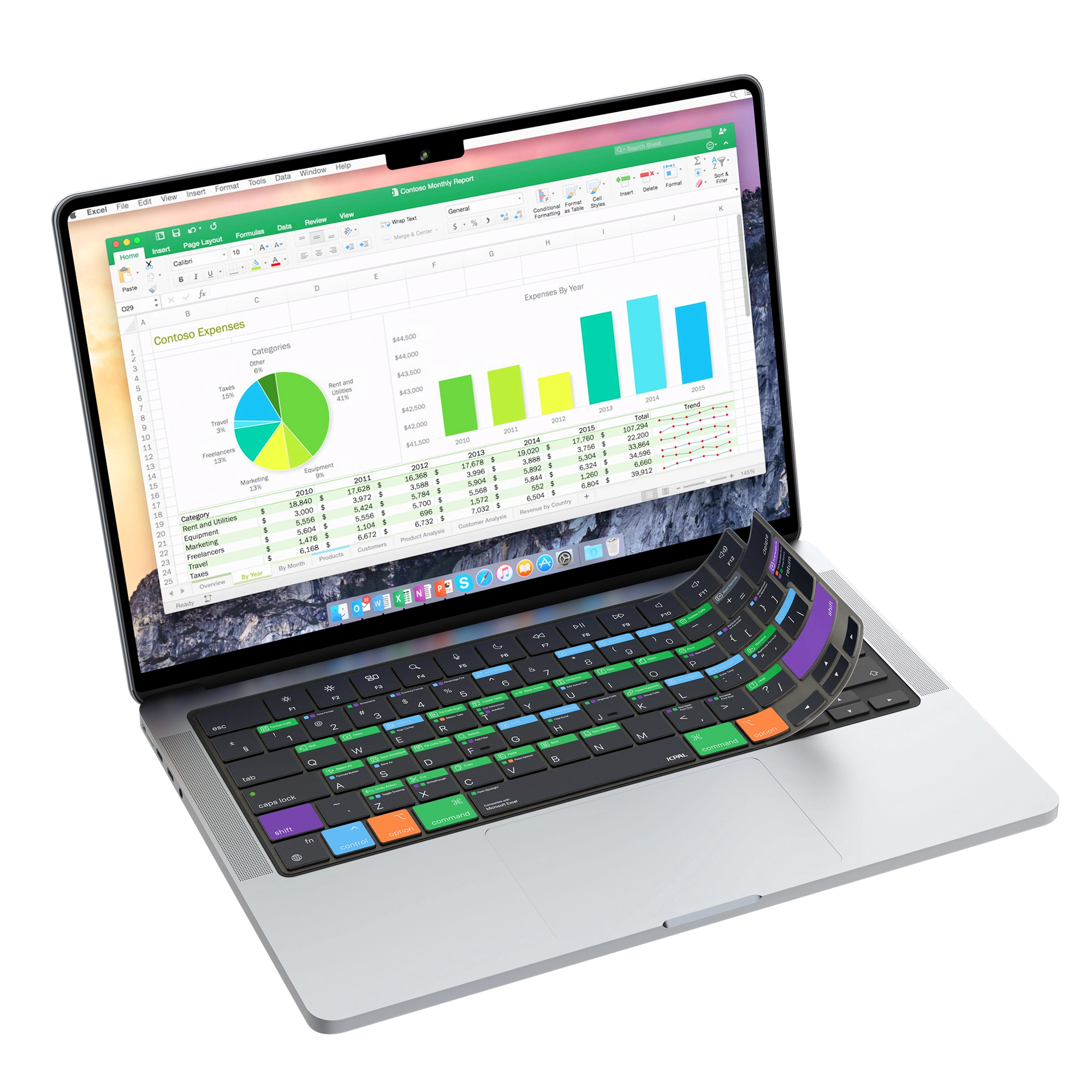 JCPal Verskin Microsoft Excel gyorsbillentyűs billentyűzetvédő - MacBook Air 13/15, Pro 14/16 (2021-2026) - nemzetközi angol kiosztás