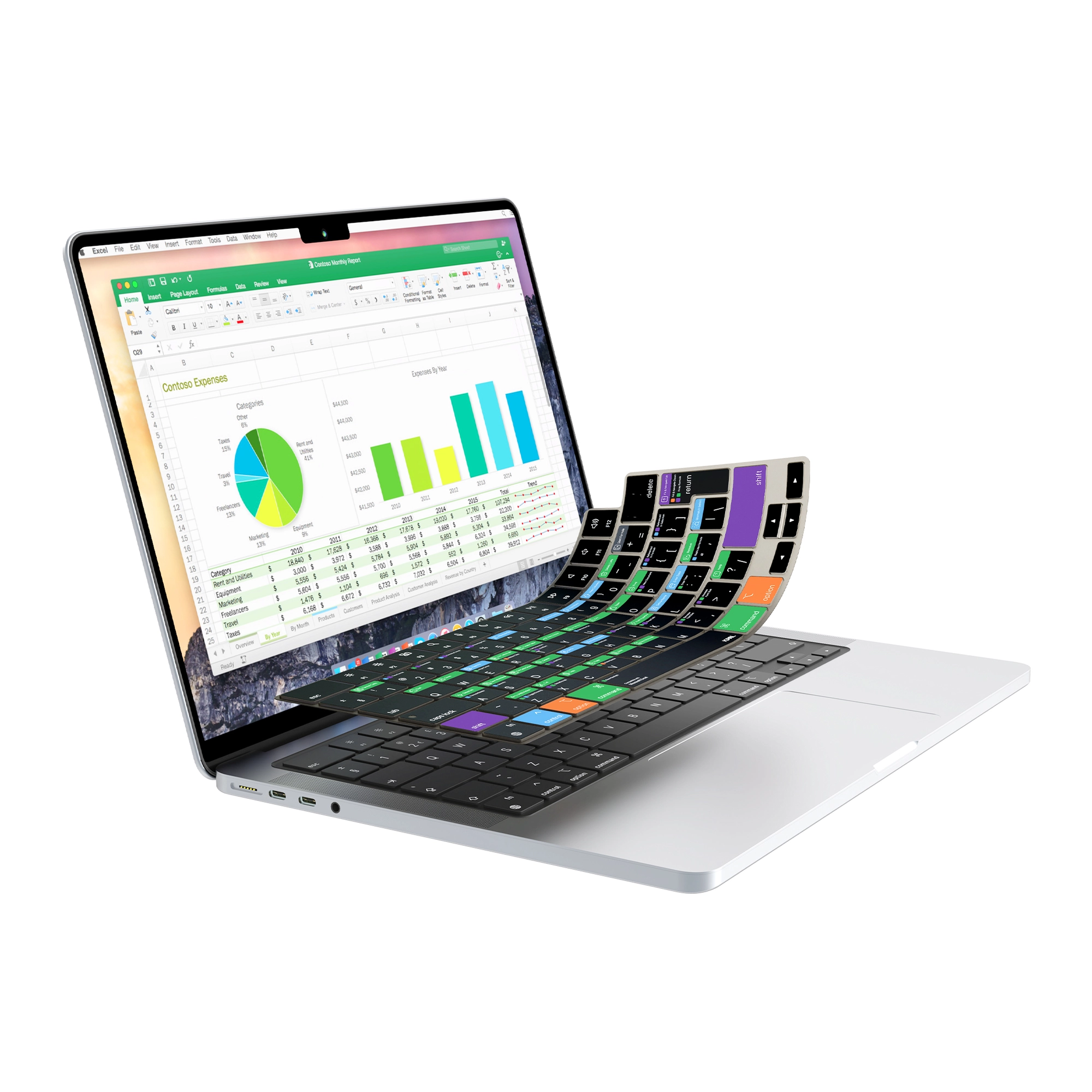 JCPal Verskin Microsoft Excel gyorsbillentyűs billentyűzetvédő - MacBook Air 13/15, Pro 14/16 (2021-2026) - nemzetközi angol kiosztás