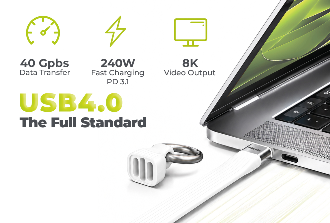Mobile Origin CB17 240W 40Gbps 8K USB-C kulcstartós kábel - fehér