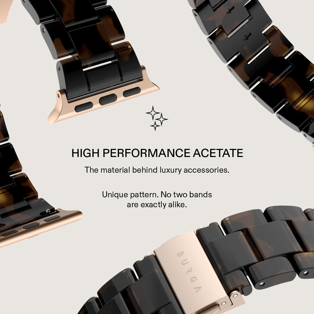 BURGA Apple Watch 38/40/41mm acetát szíj - fekete (rózsaarany szerkezet)