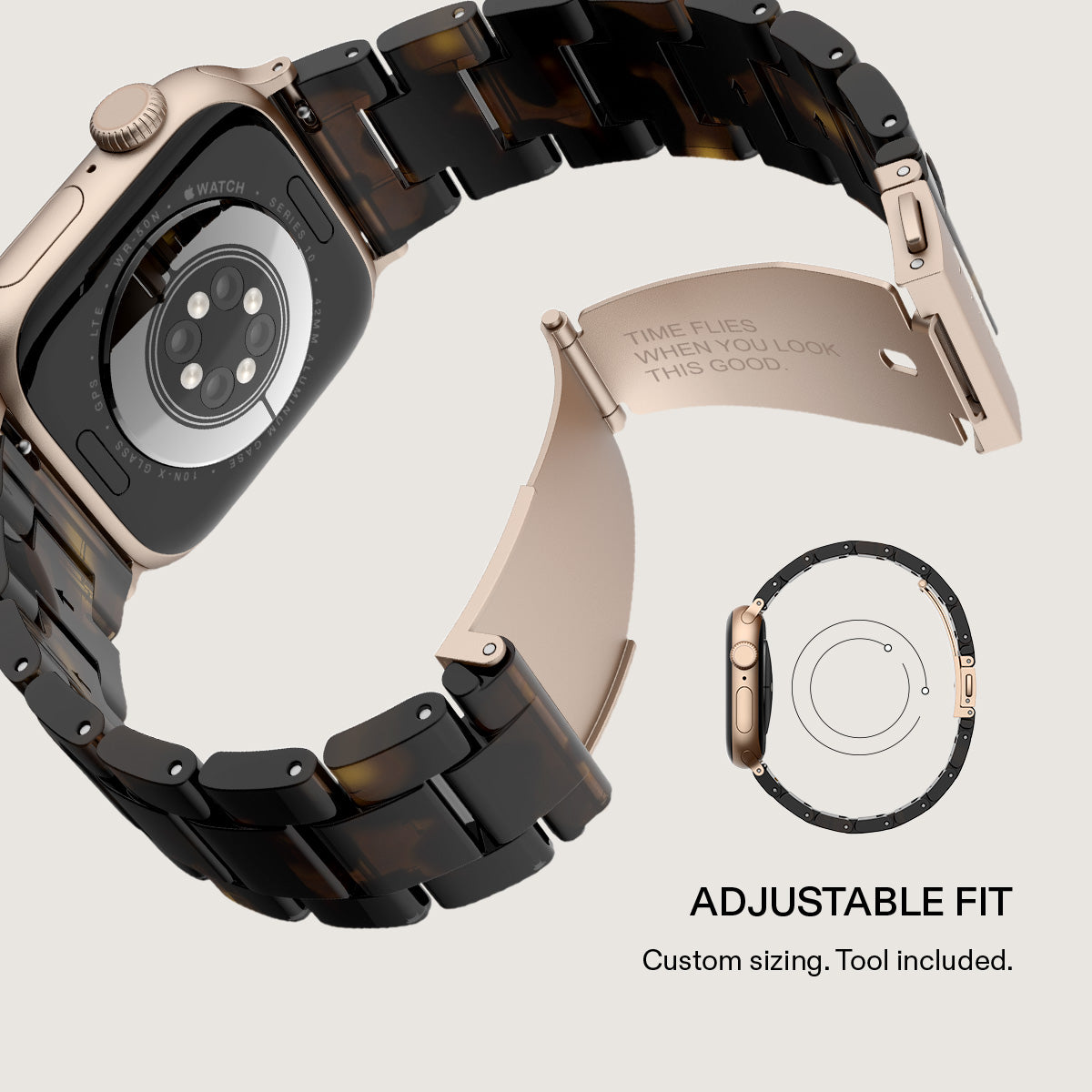 BURGA Apple Watch 44/45/46/49mm acetát szíj - fekete (rózsaarany szerkezet)