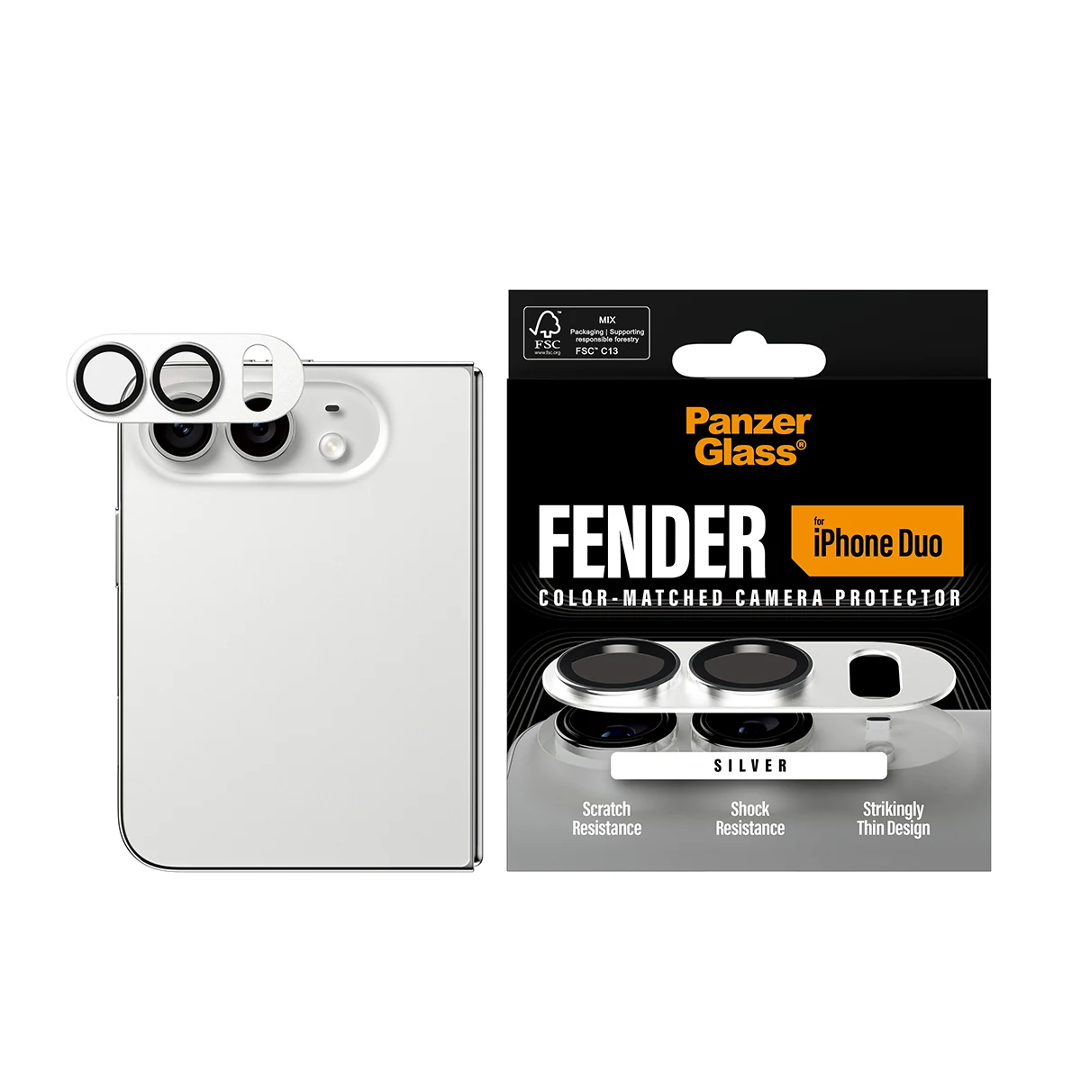 Fender kameralencse-védő ezüst iPhone Duo készüléken, a csomagolás mellett