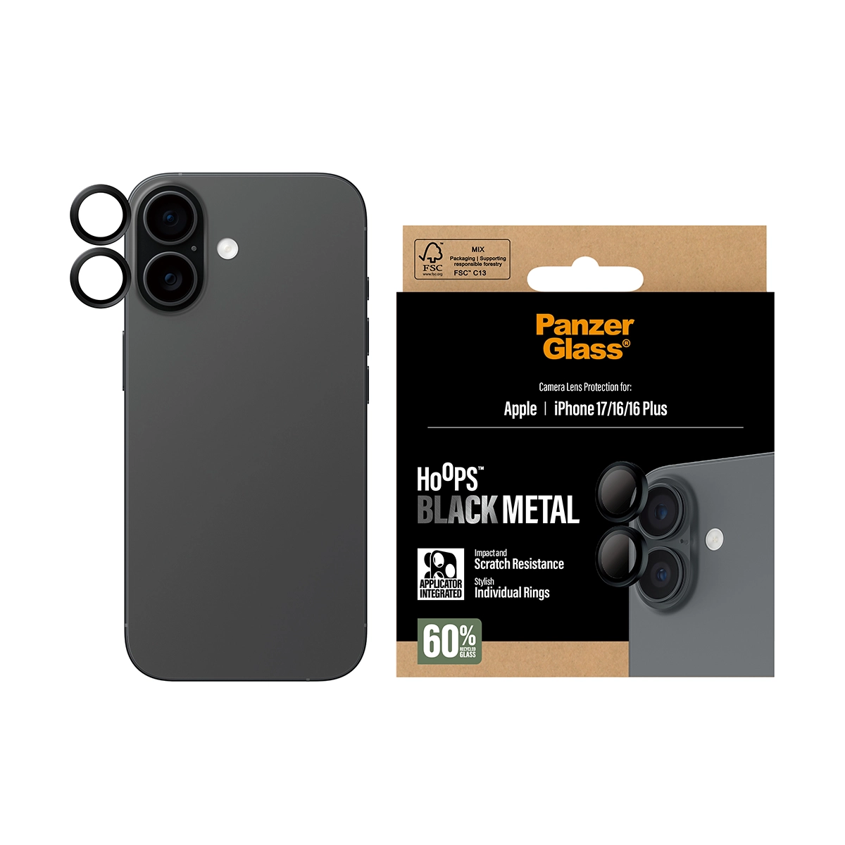 PANZERGLASS Hoops iPhone 16 és 16 Plus, iPhone 17 kameralencse-védő - fekete