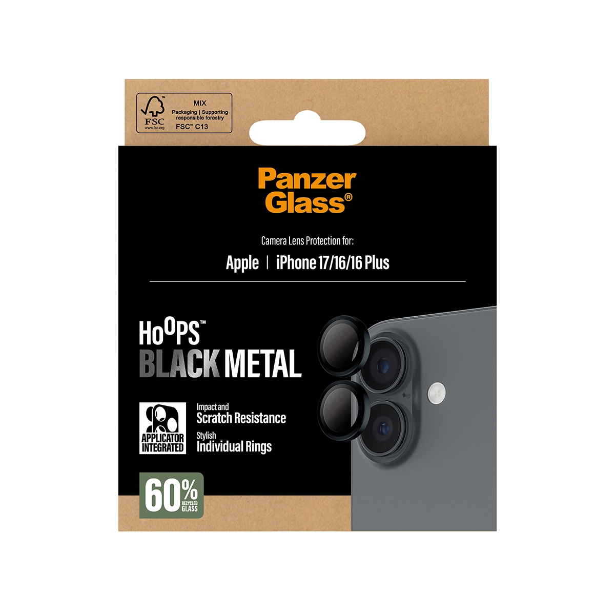 PANZERGLASS Hoops iPhone 16 és 16 Plus, iPhone 17 kameralencse-védő - fekete