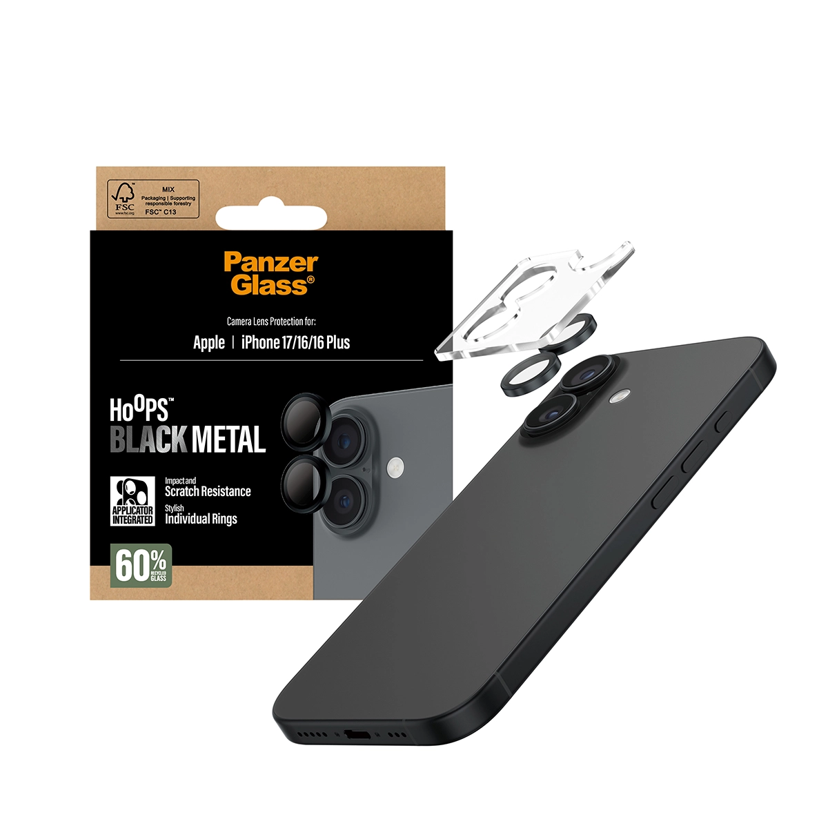 PANZERGLASS Hoops iPhone 16 és 16 Plus, iPhone 17 kameralencse-védő - fekete
