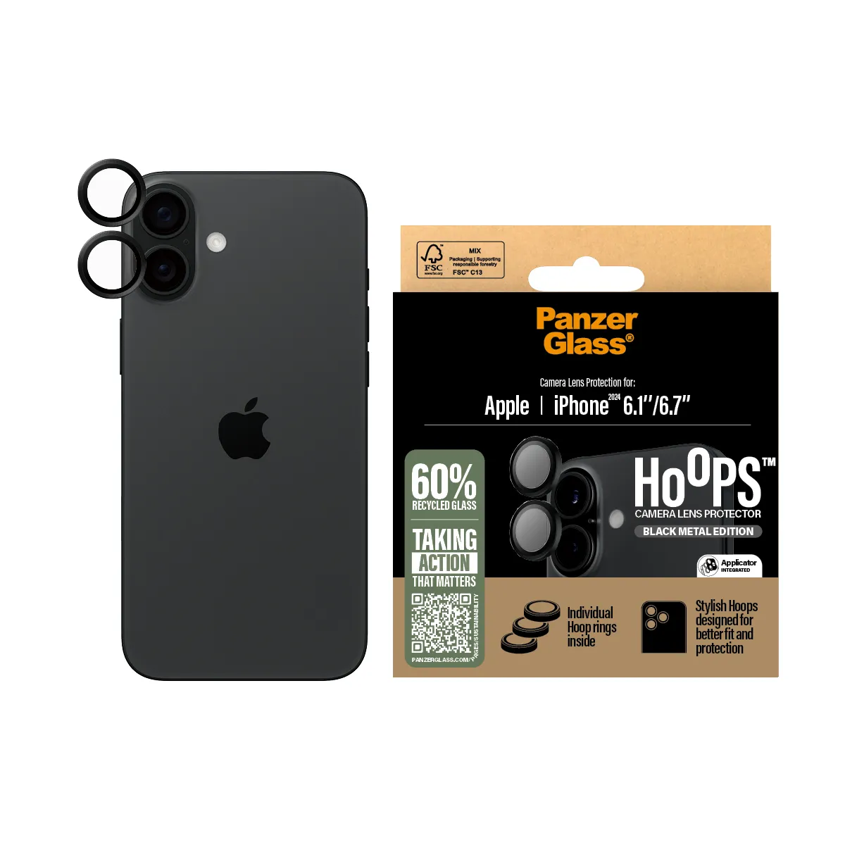 PANZERGLASS Hoops iPhone 16 és iPhone 16 Plus kameralencse-védő - fekete