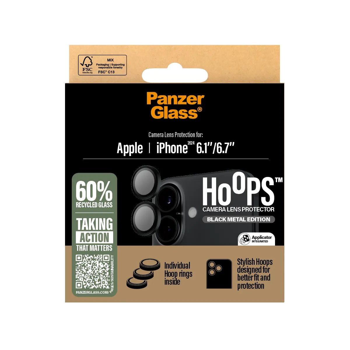 PANZERGLASS Hoops iPhone 16 és iPhone 16 Plus kameralencse-védő - fekete