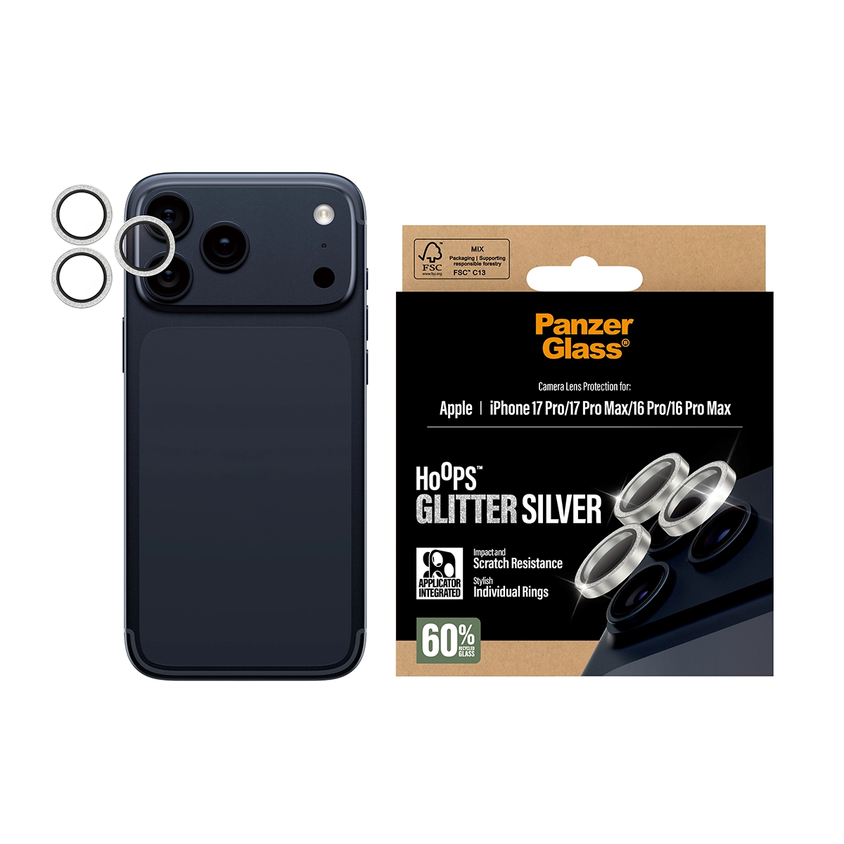 PANZERGLASS Hoops iPhone 16 Pro és Pro Max, iPhone 17 Pro és Pro Max kameralencse-védő - csillogó ezüst