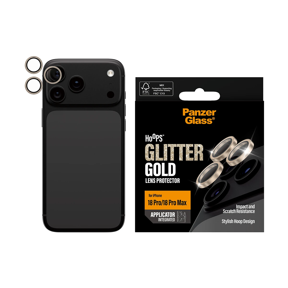 PanzerGlass Hoops iPhone 18 Pro és Pro Max kameralencse-védő - csillámos arany