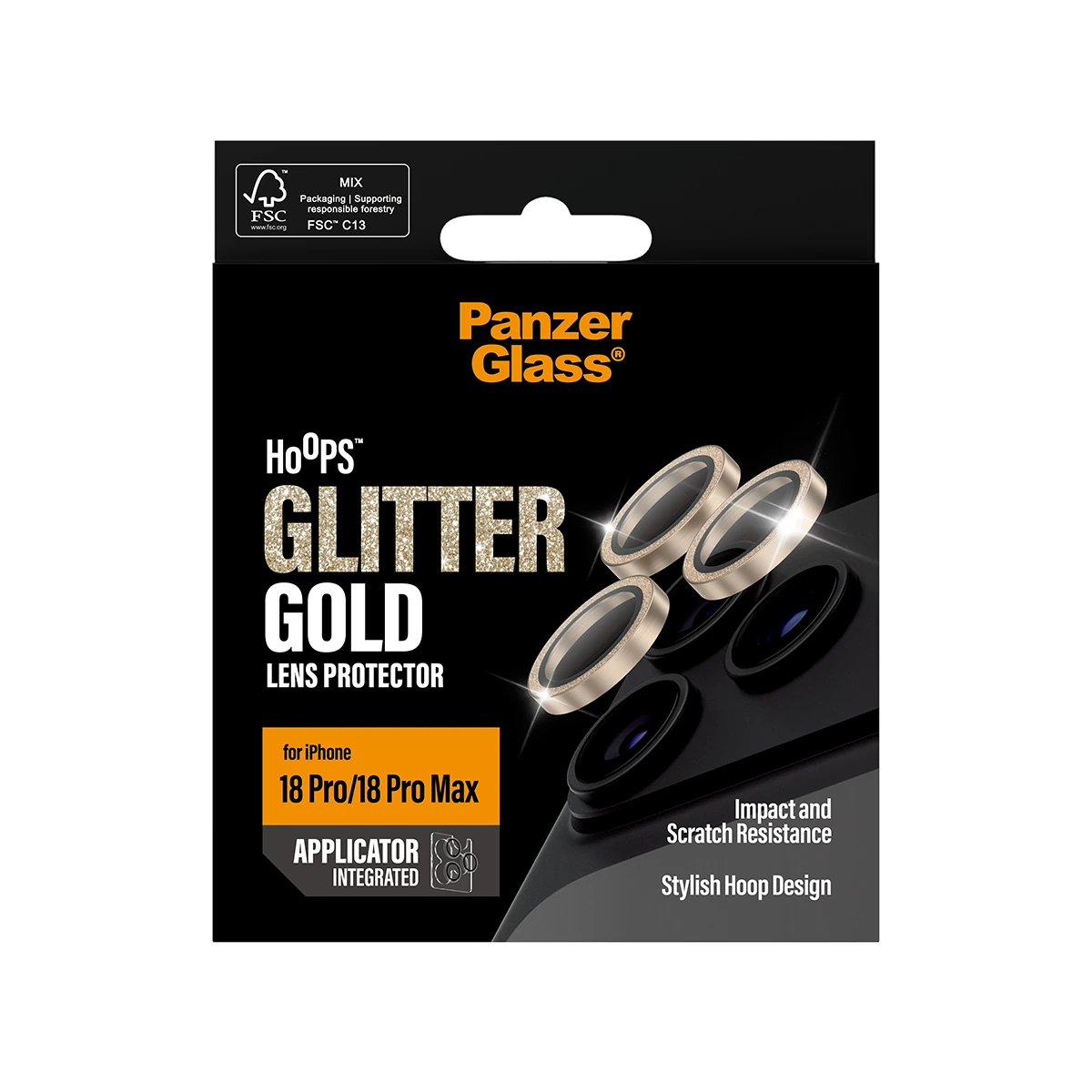 PanzerGlass Hoops iPhone 18 Pro és Pro Max kameralencse-védő - csillámos arany